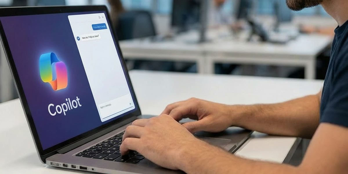 Guy using Microsoft Copilot on his laptop